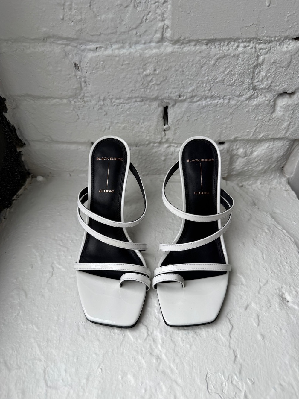 Black Suede Studio White Multi-Strap Square-Toe Heels